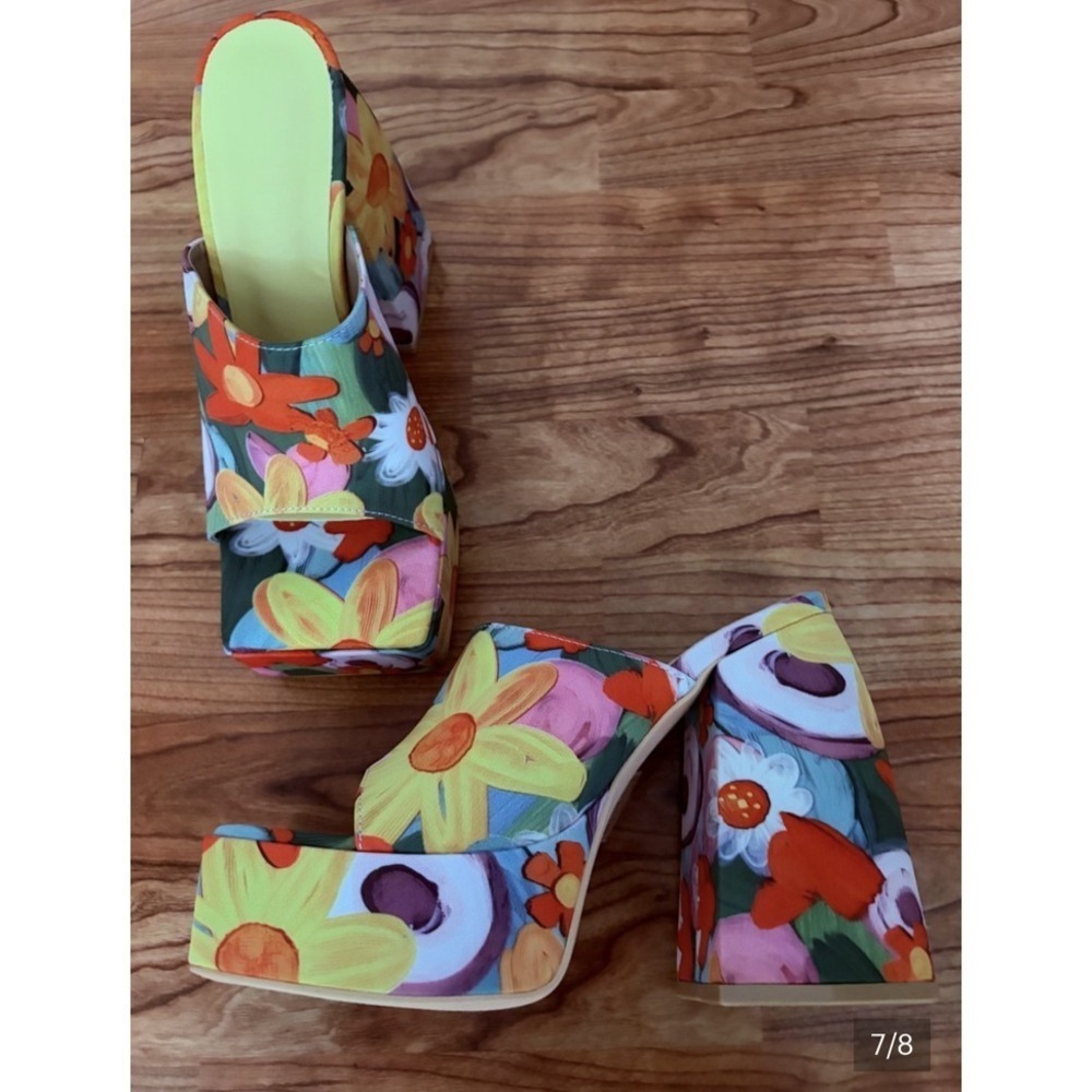Shoes Womens Size 7.5 Floral Platform Mule Block Heels Square Toe Multicolor